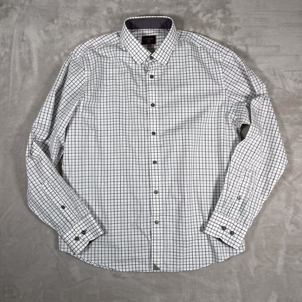 Untuckit Men's Shirt Long Sleeve Checkered Button Up Office L White/Gray